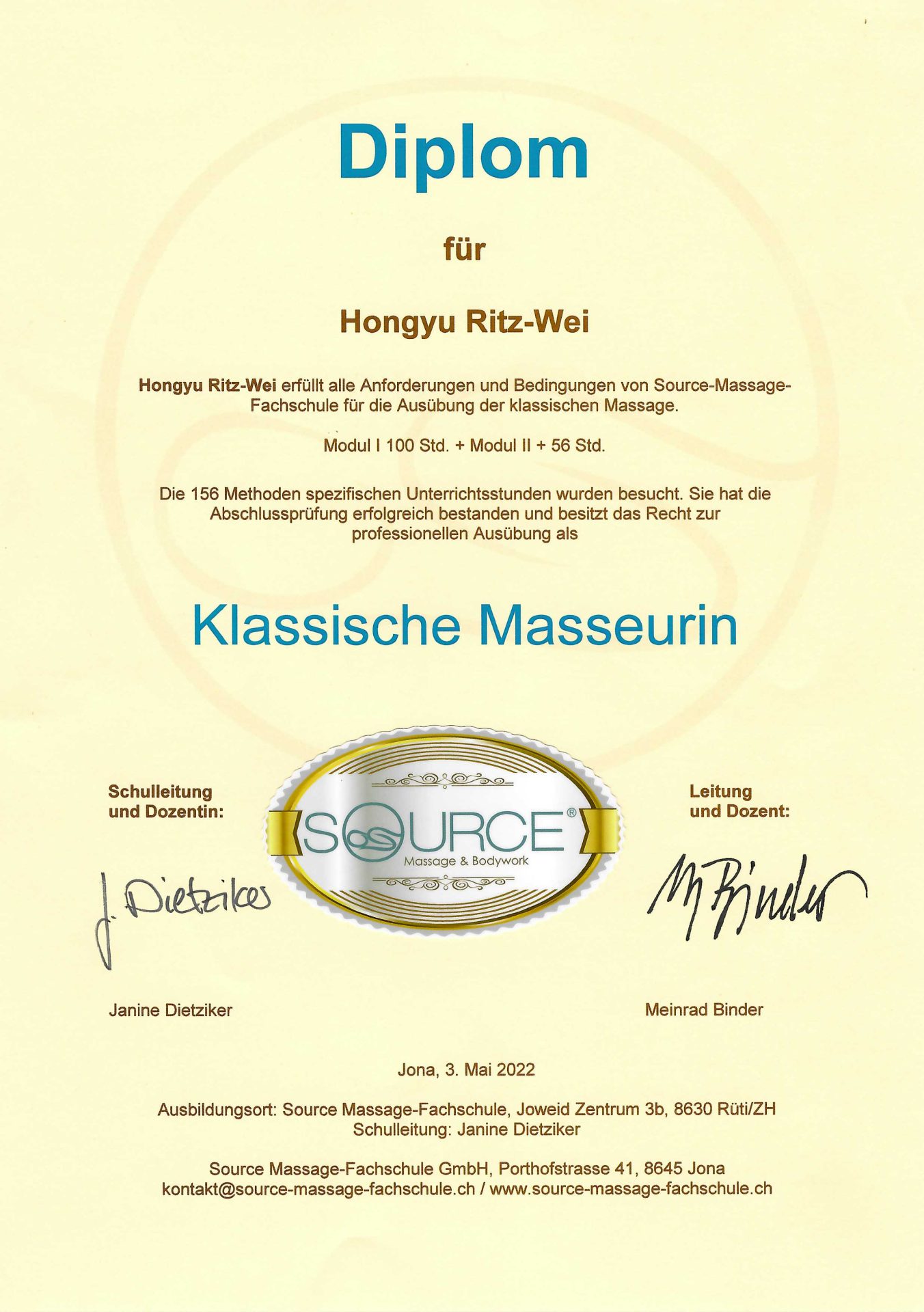 Hongyu Ritz-Wei Massage Diplom