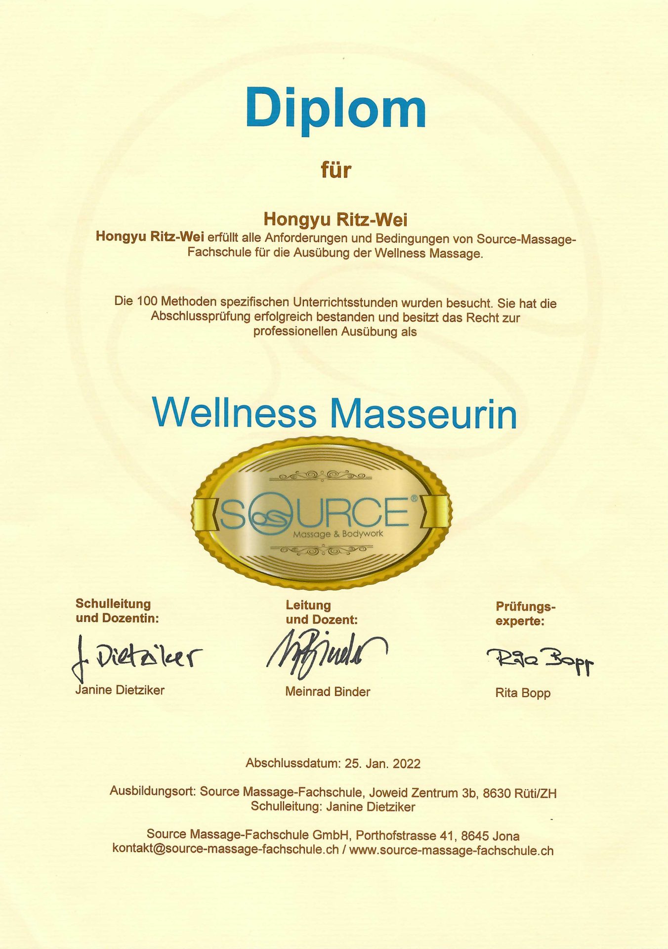 Hongyu Ritz-Wei Massage Diplom